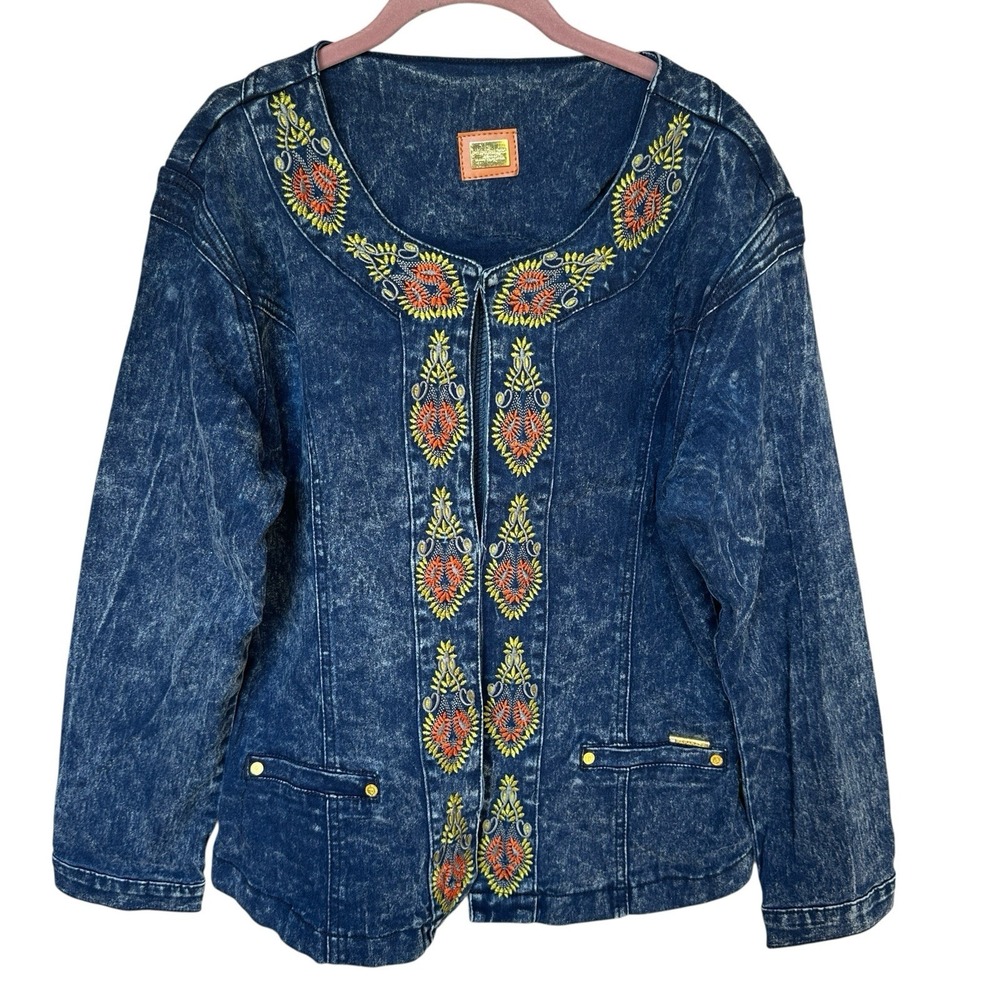 Paparazzi Jeans Jacket Blue‎ Denim Floral Embroidered Women's XL Boho Festival